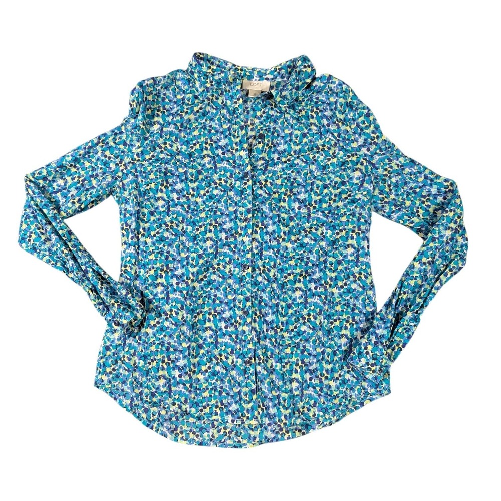 LOFT Womens Medium Blue Green Abstract Dot Print Button Down Blouse‎ 114-327449